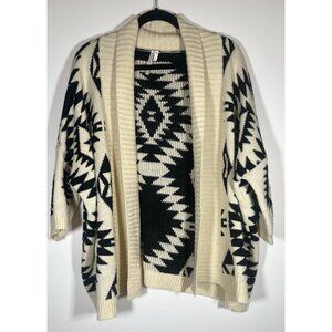 36point5 black white aztec open shawl neck cardigan sweater L bohemian hippie
